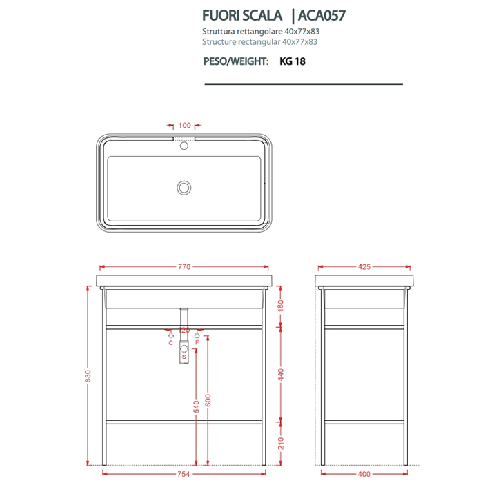 Artceram FUORI SCALA Металическая структура 40x77хh83см с раковиной на 1 отв, Fuori Scala rettangolare 81, напольная, цвет: черный матовый