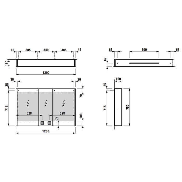 Laufen Frame 25 Зеркальный шкаф 120х15х75см, 3 двери, LED подсветка, подсветка снизу, сенсорный выключатель, 2 розетки