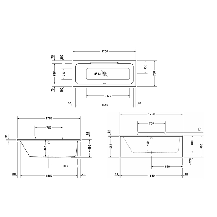 Duravit DuraStyle Ванна 170х70x48см,, прямоугольная, встраиваемая или версия  с панелями и ножками, с наклоном для спины слева, цвет: белый