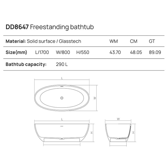 Dea Design Nature Ванна 170х80х55см, отдельностоящая, Solid Surface, цвет: White №18