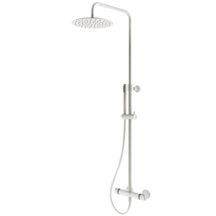 Plumberia Selection IXO Душевая стойка с верхним душем 25см, термостатическим смесителем, ручным душем и шлангом 150см, цвет: белый матовый