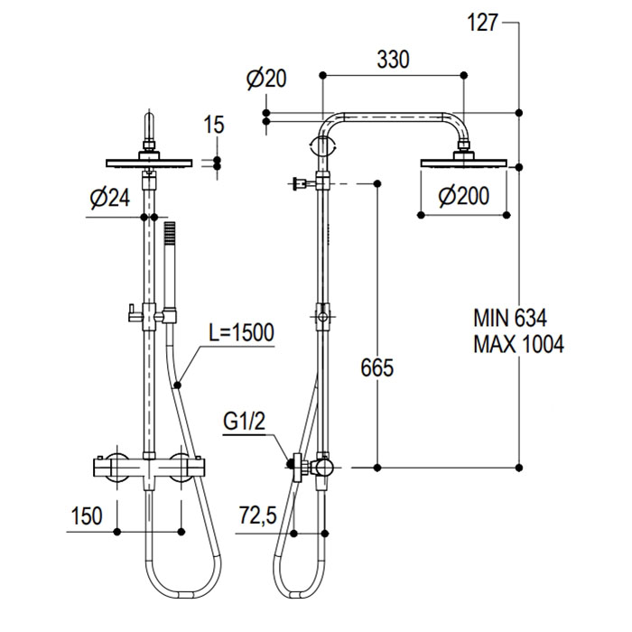 Ritmonio Shower column sets Душевая стойка, с термостатическим смесителем верхним душем из латуни D-20см., ручным душем, цвет: Brushed Black Chrome