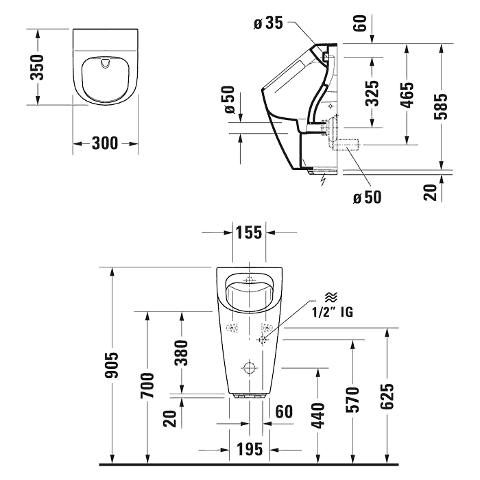 Duravit ME by Starck Писсуар Rimless электронный писсуар с питанием от сети, без смывного края, подача воды сзади, с вытяжкой, без мушки