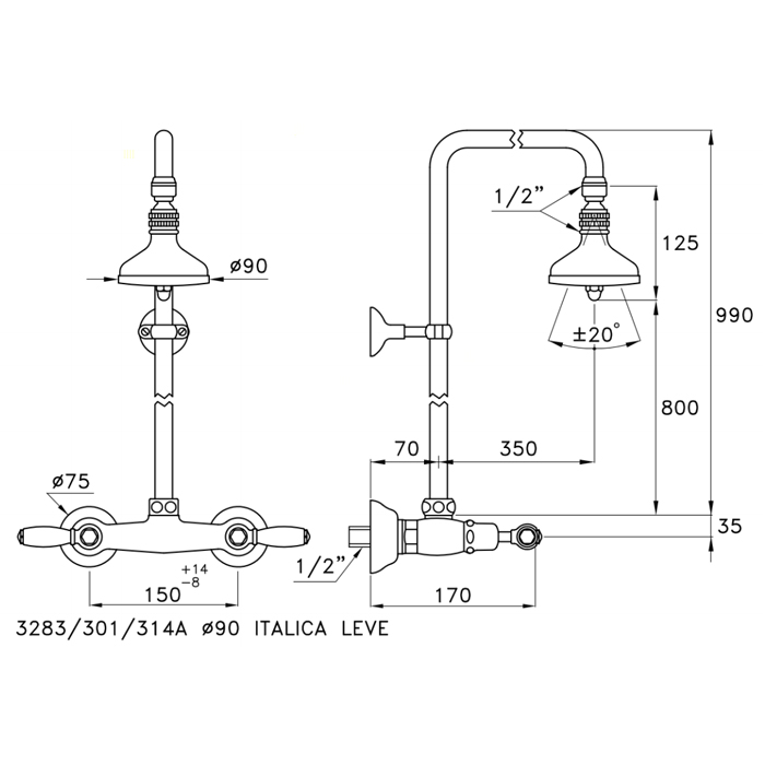 Душевой комплект Stella Italica Leve 3283/301/314A-90: смеситель, штанга+верхний душ 90мм, цвет: хром