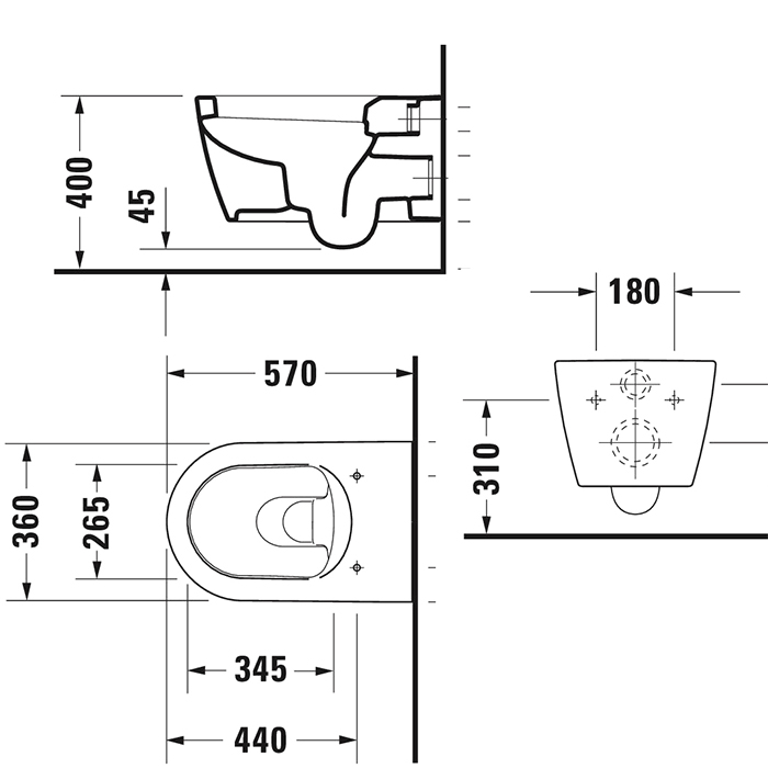 Duravit ME by Starck Унитаз подвесной с ОБОДКОМ, вкл. крепление Durafix, 4,5 л., 37х57см, цвет: белый