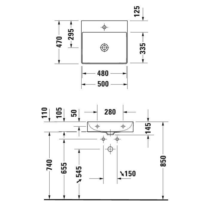 Раковина подвесная Duravit DuraSquare 50х47см, с отметками на 2 отв., без перелива, цвет: белый