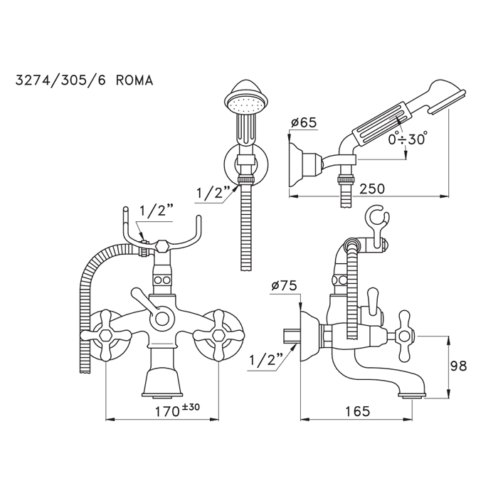 Stella Roma Смеситель для ванны 3274/305/6 с ручным душем, цвет: хром