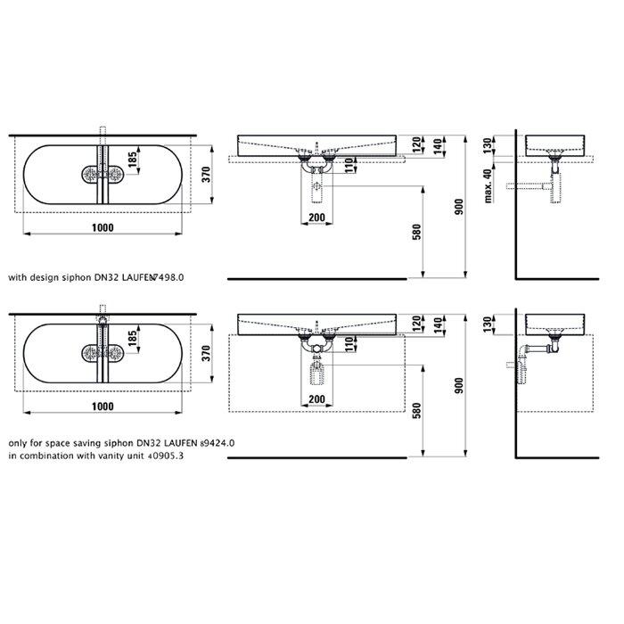 Раковина Laufen Sonar 100x37х13 см, без отв., двойная, без перелива, покрытие LCC, цвет: белый
