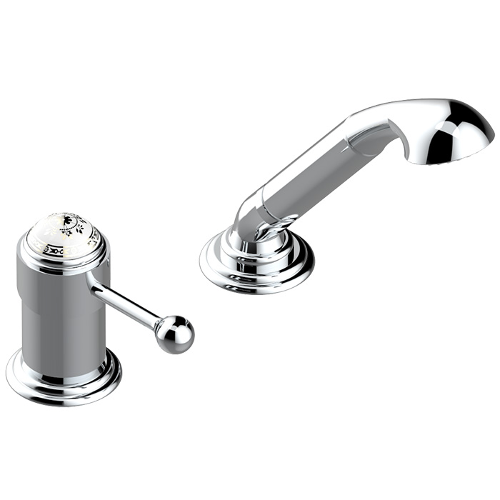 THG Marquise platinum decor Смеситель на борт ванны на 2 отв, однорычажный, без излива, с ручным душем, ручки белые, декор платина, цвет: хром