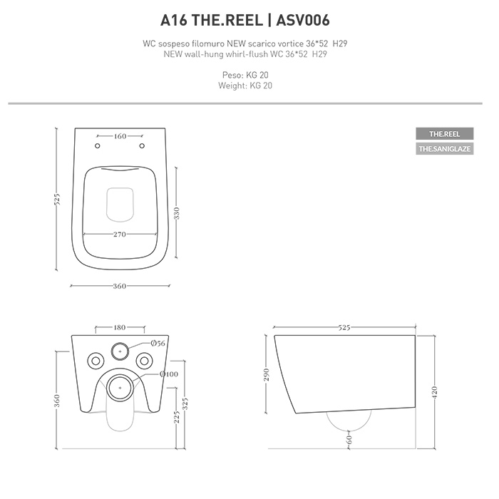 Artceram A16 Унитаз подвесной 36x52см, безободковый, saniglaze, the.reel, цвет: белый
