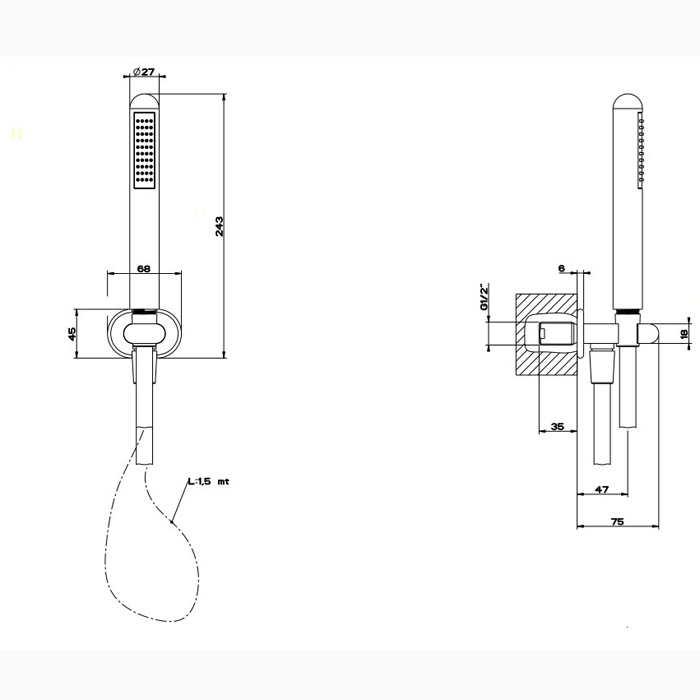 Душевой комплект Gessi Goccia: вывод воды на 1/2”, держатель и ручной душ, цвет: черный
