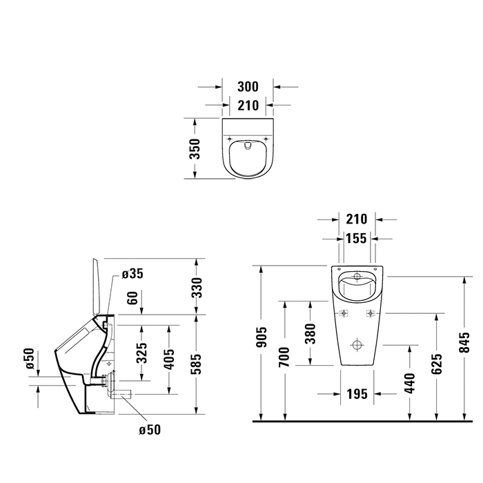 Писсуар Duravit ME by Starck Dry Duravit Rimless® 0,5 л без смывного края, подача воды сзади, вкл. Крепеж, Цвет: белый