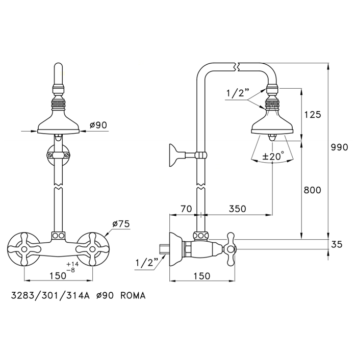 Душевой комплект Stella Roma 3283/301/314A-90: смеситель, штанга+ручной+верхний душ 90мм, цвет: хром