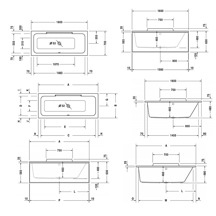 Duravit DuraStyle Ванна 160х70x48см,, прямоугольная, встраиваемая или версия  с панелями и ножками, с наклоном для спины справа, цвет: белый