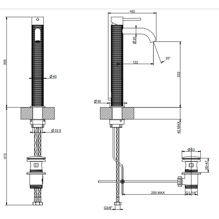 Смеситель для раковины Gessi 316 на 1 отв., высокий h:305мм, с донным клапаном, излив: 123мм, цвет: brushed black metal pvd