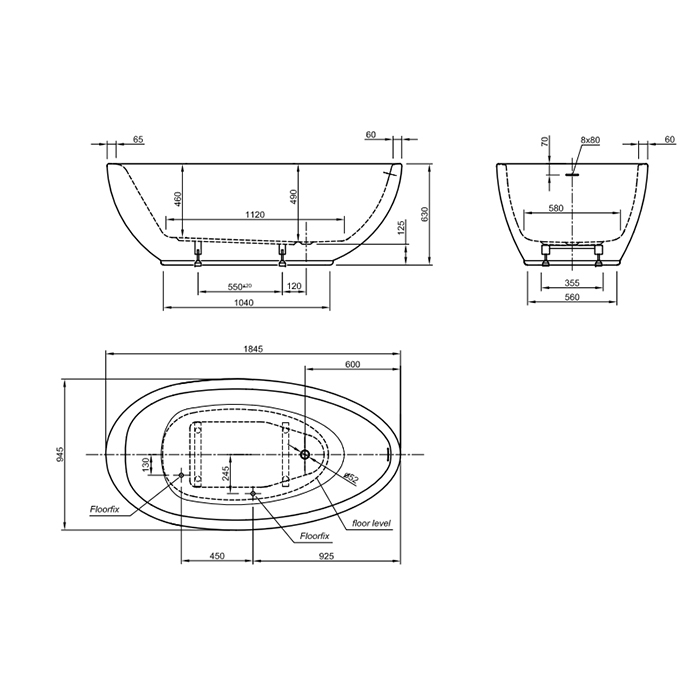Knief Boat Ванна отдельностоящая 185x95x63.5см., со щелевым переливом, цвет: белый глянцевый