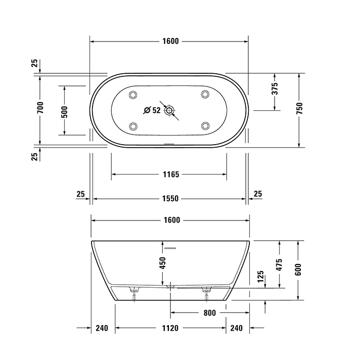 Duravit D-Neo Ванна отдельностоящая 160х75хh60см, со спец сливом-переливом, цвет: белый