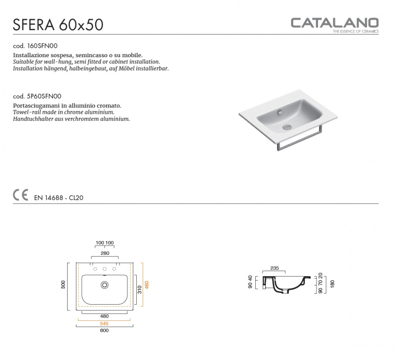Раковина Catalano Sfera 60x50 0720610001 / 160SFN00