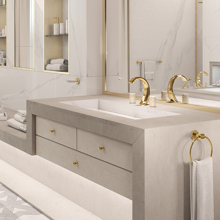 Смеситель для раковины THG Nihal Porcelaine Ivoire на 3 отверстия, с донным клапаном, цвет: Soft gold
