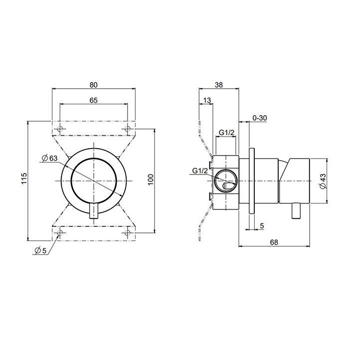 QuadroDesign Source Смеситель для душа, настенный, на 1 потребитель, цвет: Brushed Stainless Steel