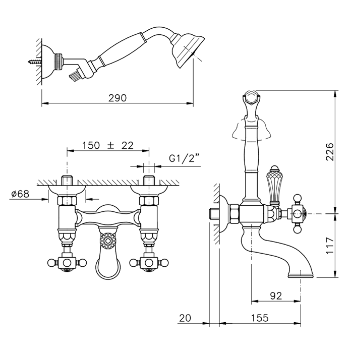 Смеситель для ванны с душем Nicolazzi Half Dome Crystal duplex настенный на 2 отверстия, излив: 155 мм, цвет: хром