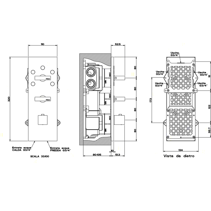 Встраиваемый термостатический смеситель Gessi Rettangolo, подключение на 3/4”, с 5ю выходами и селектором, внешняя часть, цвет: хром