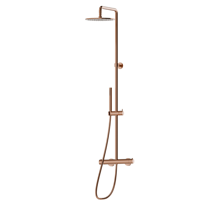 Душевая стойка с термостатическим смесителем Newform Shower, переключателем, верхним и ручным душем, цвет: PVD copper bronze