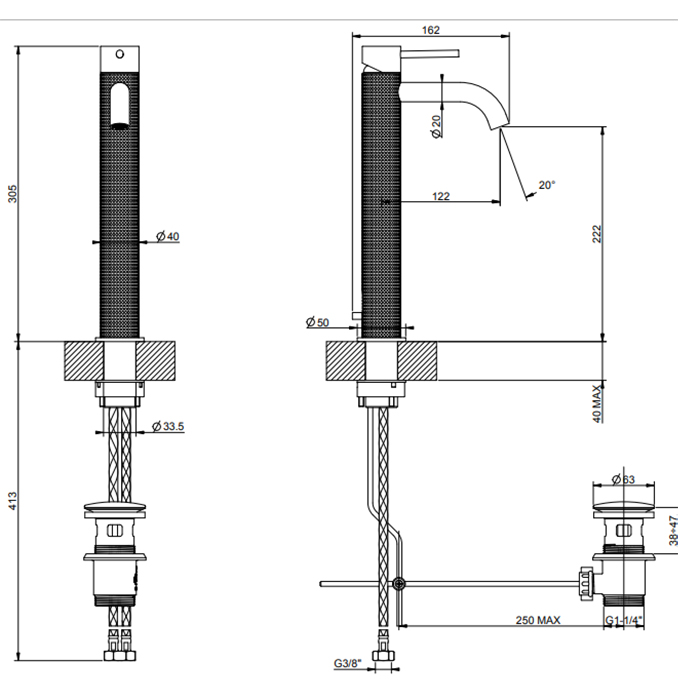 Смеситель для раковины Gessi 316 на 1 отв., высокий, h:305мм, с донным клапаном, излив: 123мм, цвет: brushed black metal pvd