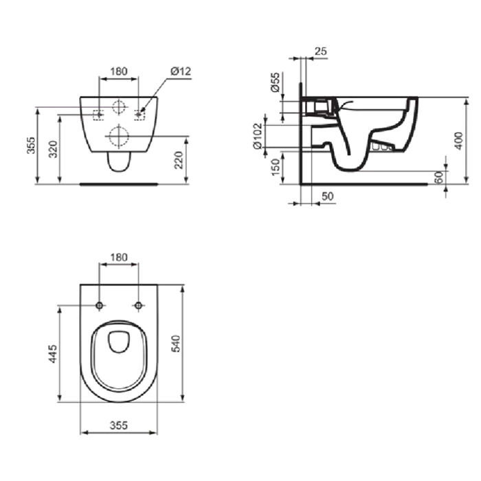 Ideal Standard Blend Curve Унитаз подвесной 54х36см, безободковый с технологией смыва RimLS+®, цвет: Euro White Ideal Plus