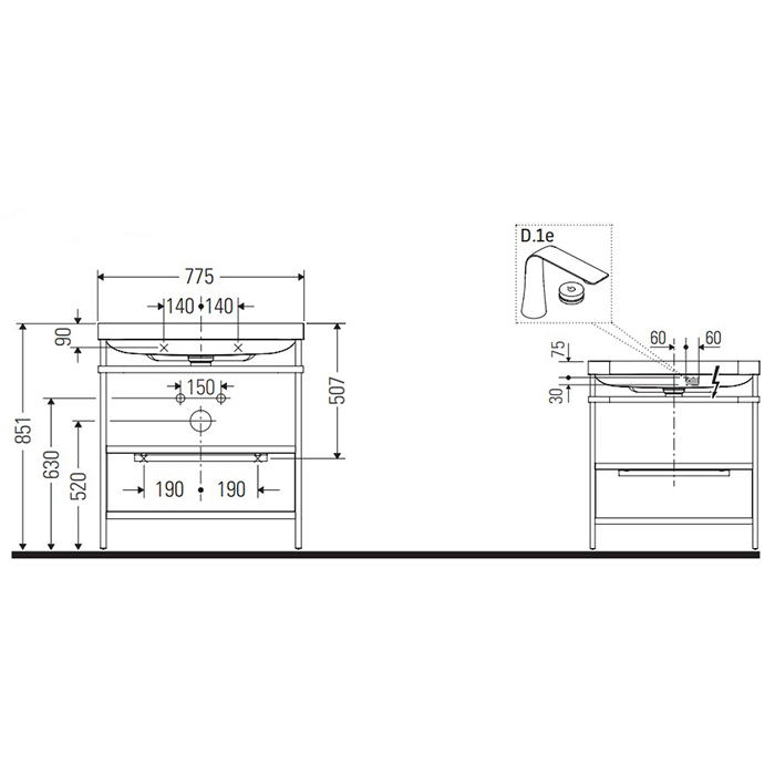 Duravit Happy D.2 Plus Консоль напольная с умывальником 77.5х49х85см, с 1 отв под смесит, 1 ящик, 1 полотенцедержатель, выпуск и сифон в комплекте, цвет: белый глянцевый/хром