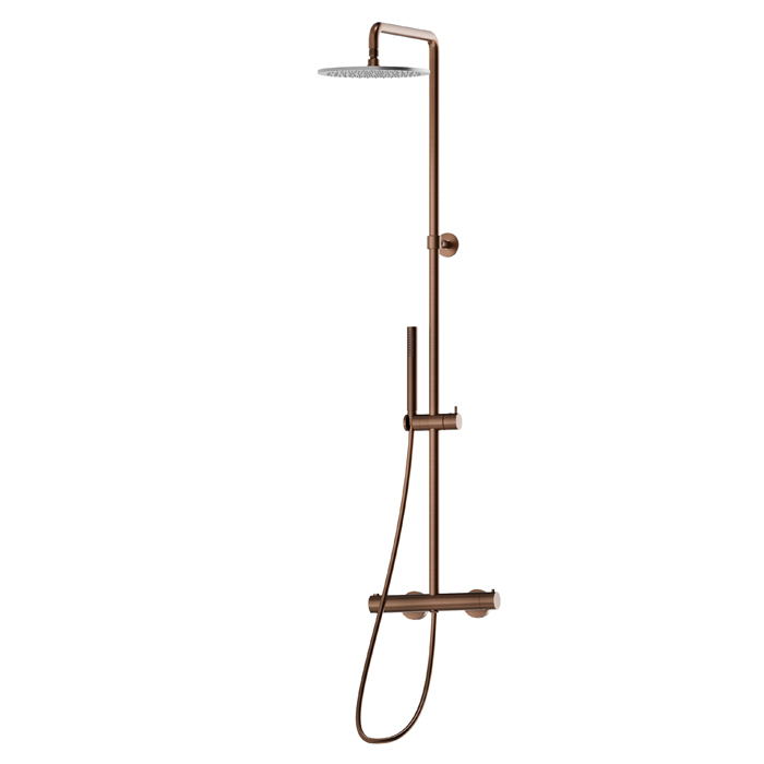 Душевая стойка с термостатическим смесителем Newform Shower, переключателем, верхним и ручным душем, цвет: PVD brushed copper bronze