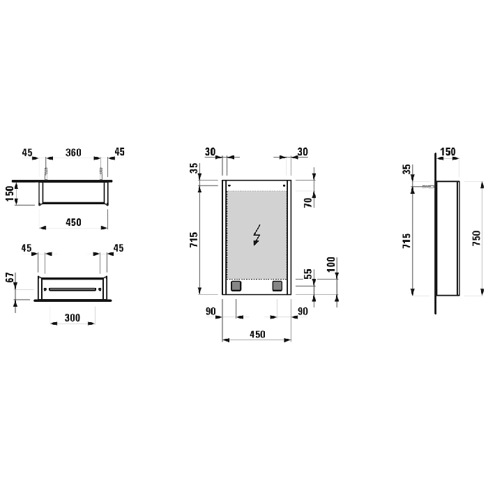 Laufen Frame 25 Зеркальный шка 45x15x75см, алюминий, 1 дверца с зеркалом с 2х сторон, DX, сенс. выкл., 2 розетки, 2 верт-х эл-та LED-подсветки (регул-ая яркость), с окружающим освещением (внизу)