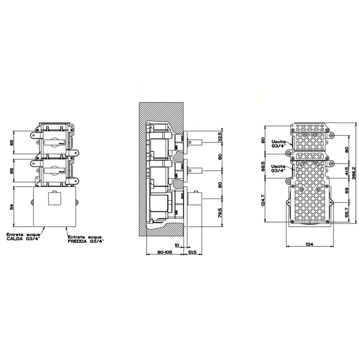Gessi Rettangolo Встраиваемый термостатический смеситель, подключение на 3/4”, с 2мя независимыми выходами, внешняя часть, цвет: хром