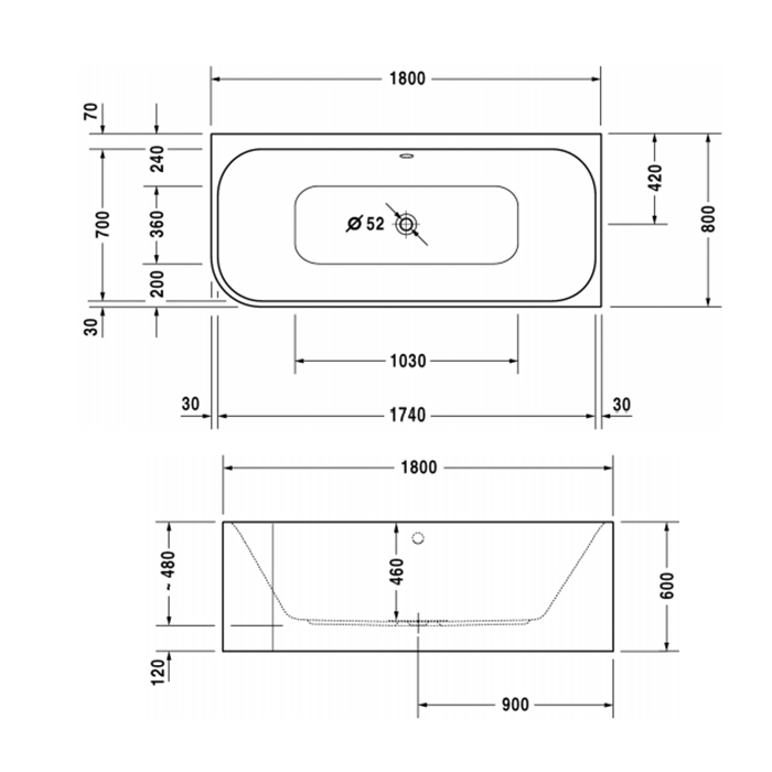 Duravit Happy D.2 Ванна 180х80x60см, угол справа, с интегрированной акриловой панелью DX и ножками, с двумя наклонами для спины. Санитарный акрил 5 мм, цвет: белый