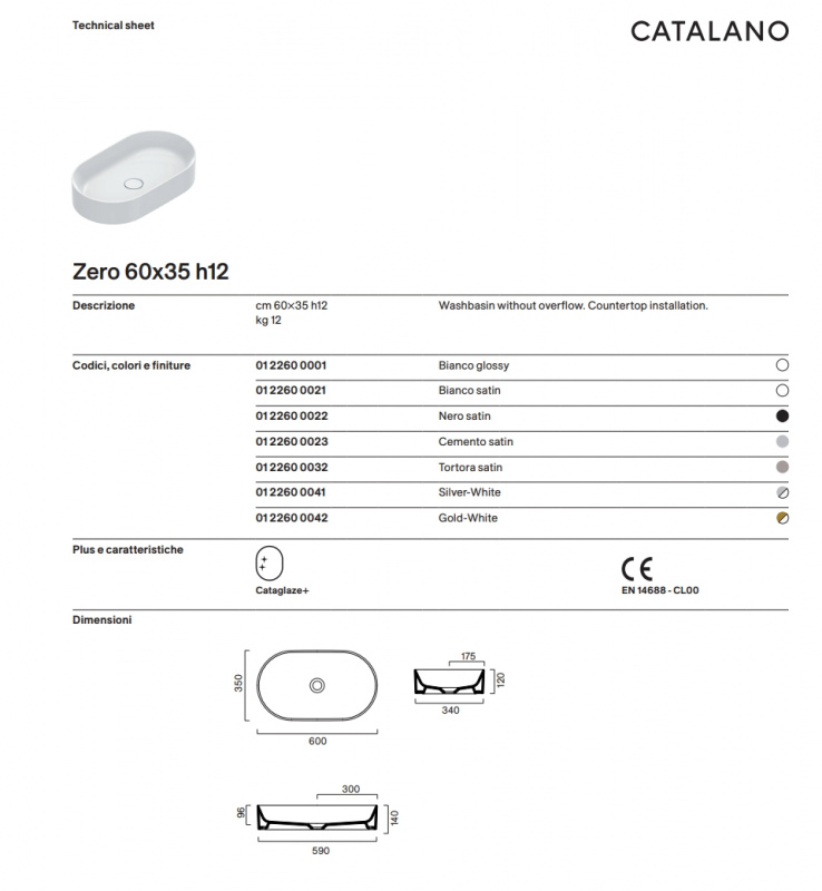 Раковина овальной формы Catalano Zero 60, 60x35 h12, без перелива 0122600001