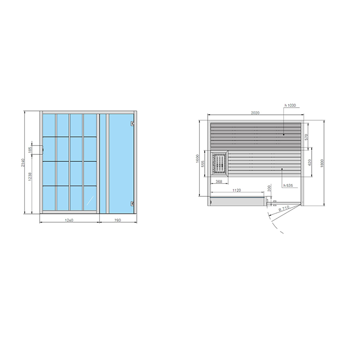 Effegibi Yoku S Door Сауна 202x180х214см, угловая DX, цвет: термообработанная древесина