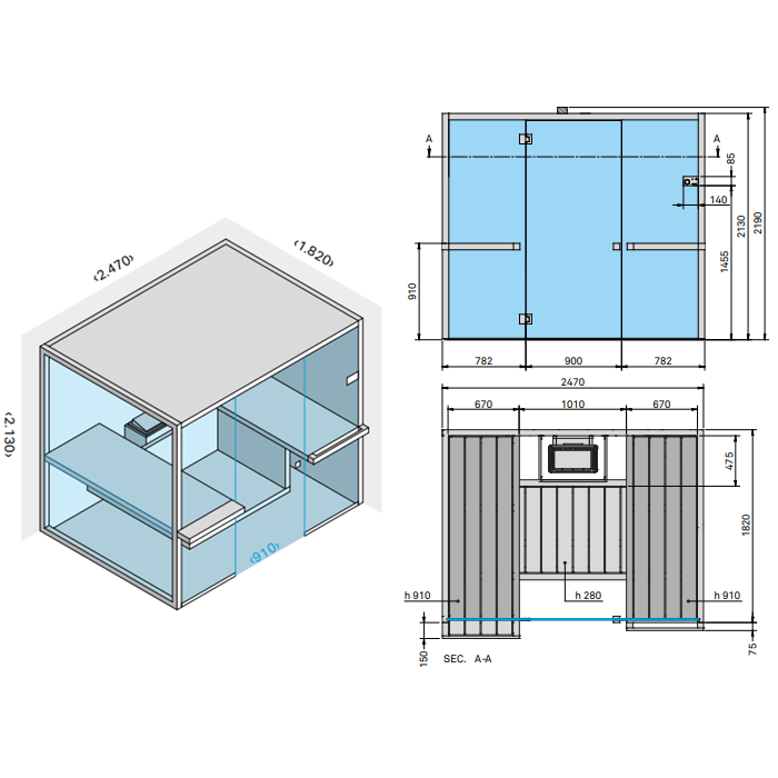 Effegibi Air 105 Corner Сауна 247x182x213см, угловая DX, цвет: осина термообработанная
