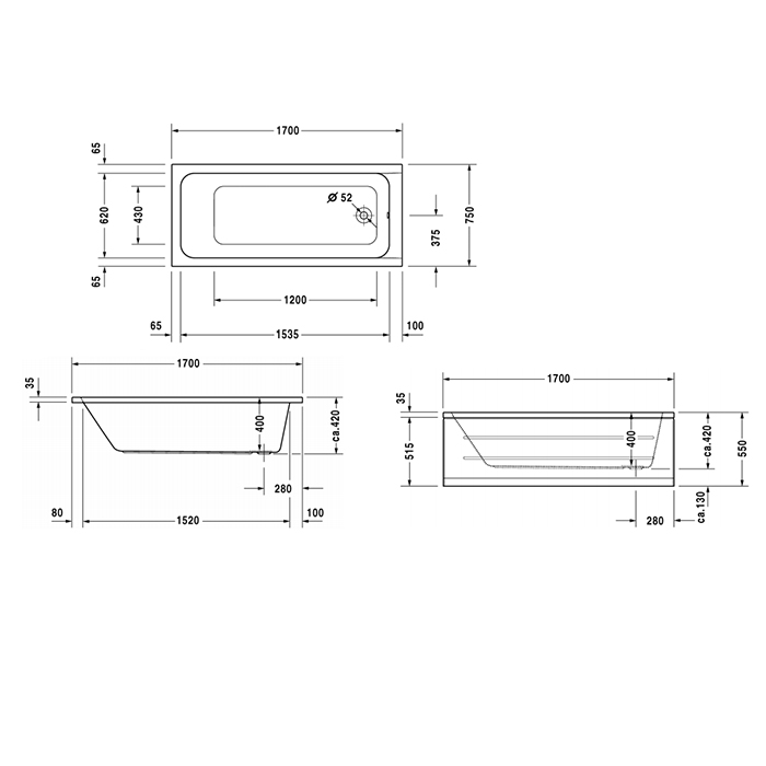 Duravit D-Code Ванна акриловая 170х75x40см, встраиваемая, с 1 наклоном для спины, выпуск в зоне ног, цвет: белый