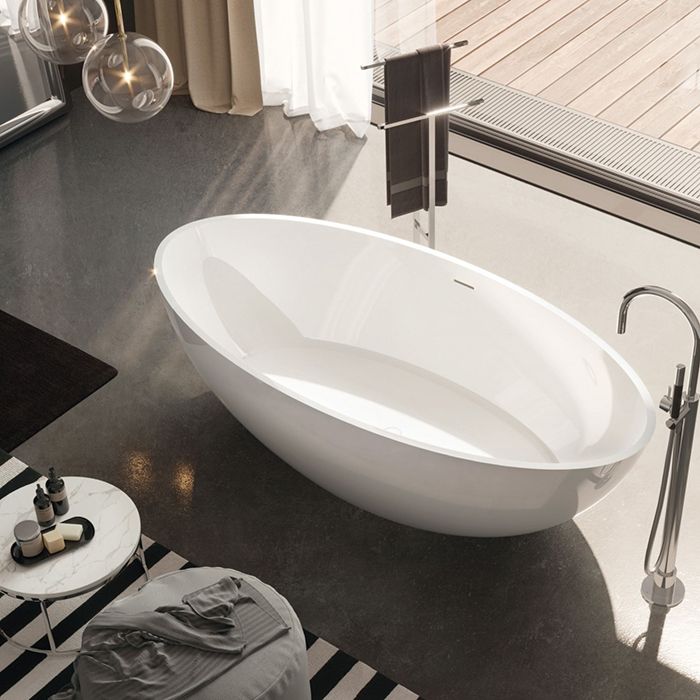 Ванна Gruppo Treesse Carezza 170х80х52см, отдельностоящая, Solid Surface, с сливом-переливом и сифоном, цвет: белый глянцевый