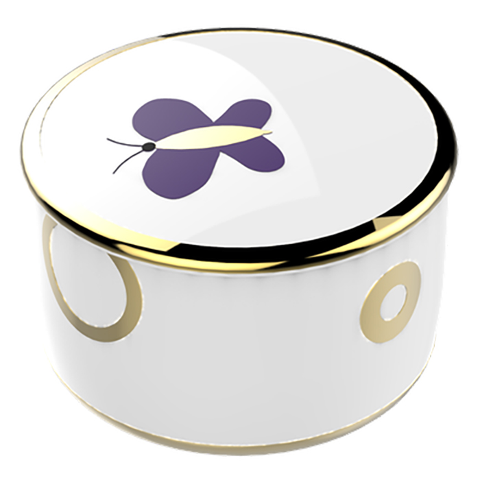 THG CAPUCINE MAUVE DECOR OR Коробка для таблеток керамическая, круглая ø55 мм, настольная, декор золото/лиловый, цвет: белый