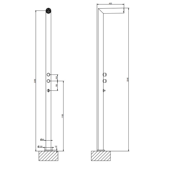 Душевая стойка для установки на улице Gessi Outdoor, напольная, на 2 выхода, без ручек, ручного душа и верхнего душа, внешняя часть, цвет: Black XL