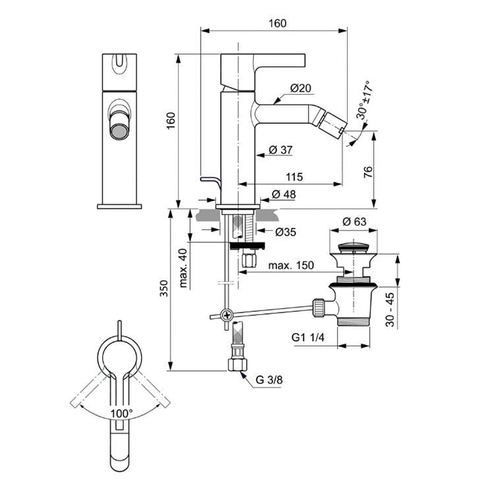 Ideal Standard Joy Смеситель для биде, на 1 отв., с донным клапаном, цвет: PVD Magnetic Grey