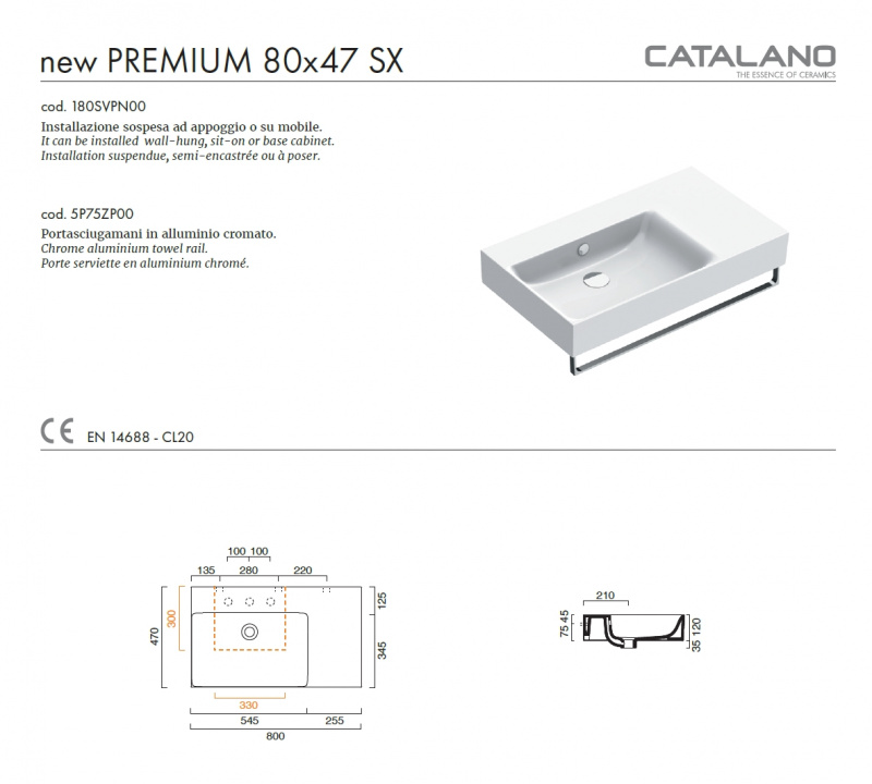 Раковина Catalano New Premium 80x47 левая 0220840001 / 180SVPN00
