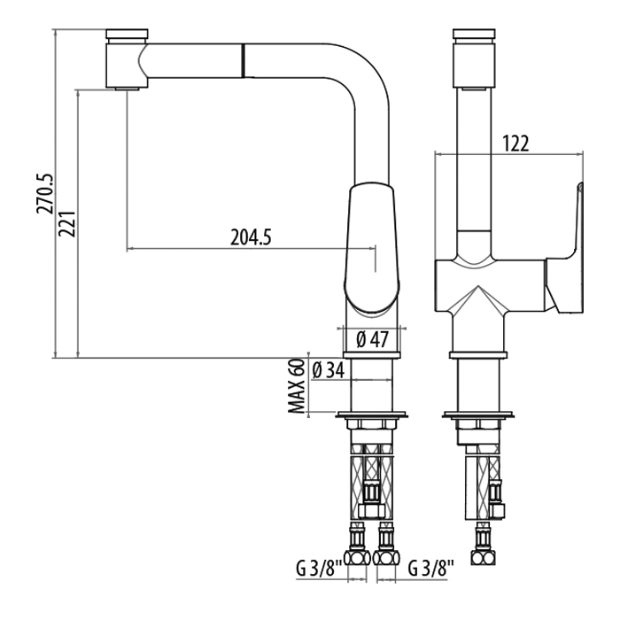 Смеситель для раковины Gattoni H2Omix3000 Cucina, с выдвижным распылителем, излив 205 мм, цвет: хром