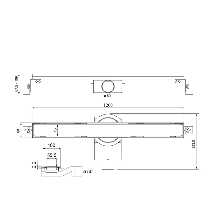 Plumberia Selection Трап душевой PS LINEAR 6x120 2устор. накладка из нерж.стали, комбинир.затвор с горизонт. Выпуском Ду 50мм,40л/мин, цвет: нержавеющая сталь