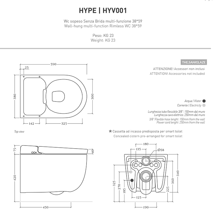 Artceram Hype Унитаз-биде 38х59см, подвесной, безободковый, saniglaze, soft-close, с пультом управления, цвет: белый