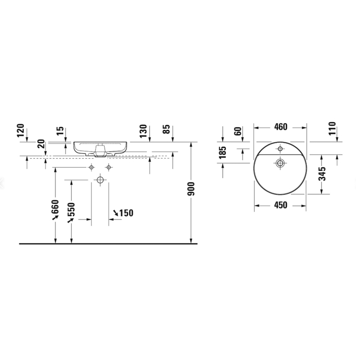 Duravit Vitrium Раковина 46см, накладная, 1 отв., круглая, без перелива, цвет: белый матовый