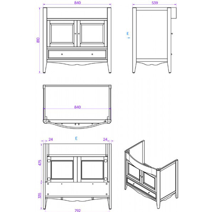 TW Veronica, База с раковиной Simas AR864bi x1 90x56см, с 1отв., 2 распашные дверки+1 выдв.ящик, доводч. Blum, ручки: Riflesso бронза, напольная, Цвет: vintage