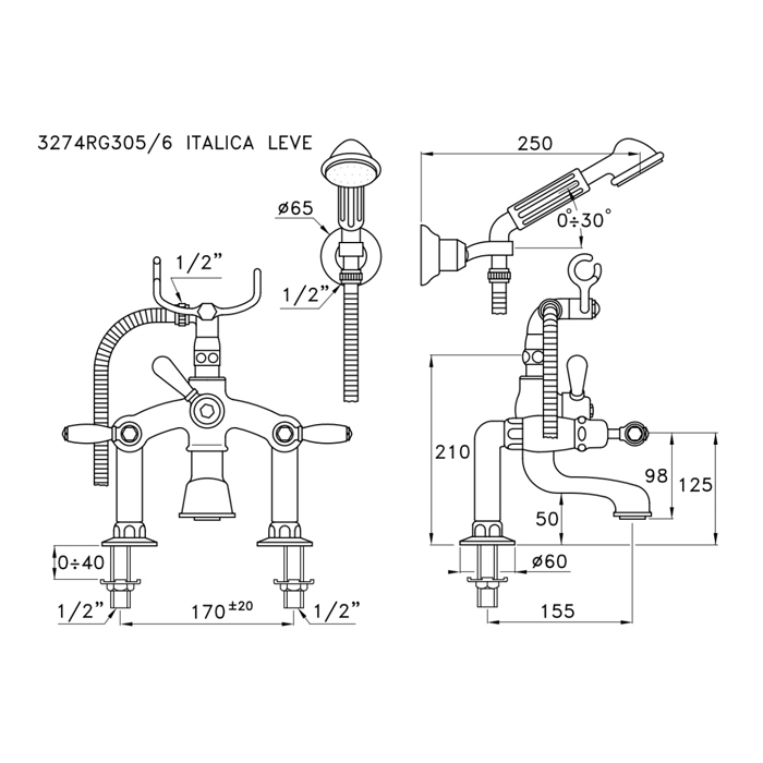 Смеситель на борт ванны Stella Italica Leve на 2 отверстия 3274RG305/6 с ручным душем, цвет: хром