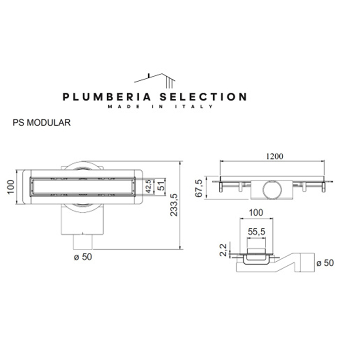 Plumberia Selection Трап душевой PS MODULAR 4x120 2устор. накладка из нерж.стали, комбинир.затвор с горизонт. выпуск Ду 50мм,40л/мин, цвет: нержавеющая сталь